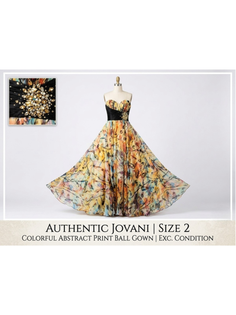 JOVANI Sz 2 Strapless Ball Gown Prom Dress Multicolor Abstract Print Rhinestones